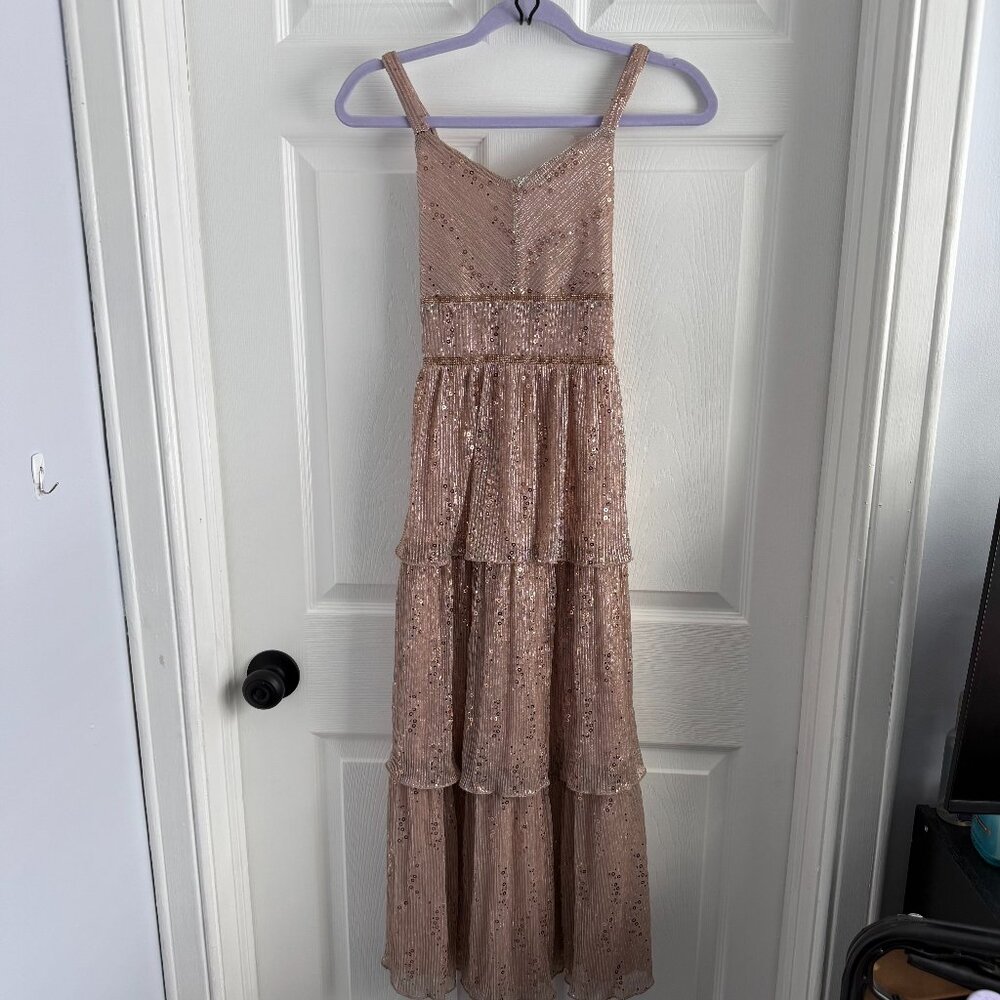 NWT Speechless Kids Gold Shiny Sleeveless Tiered Long Party Dress W/Sequin Sz 14